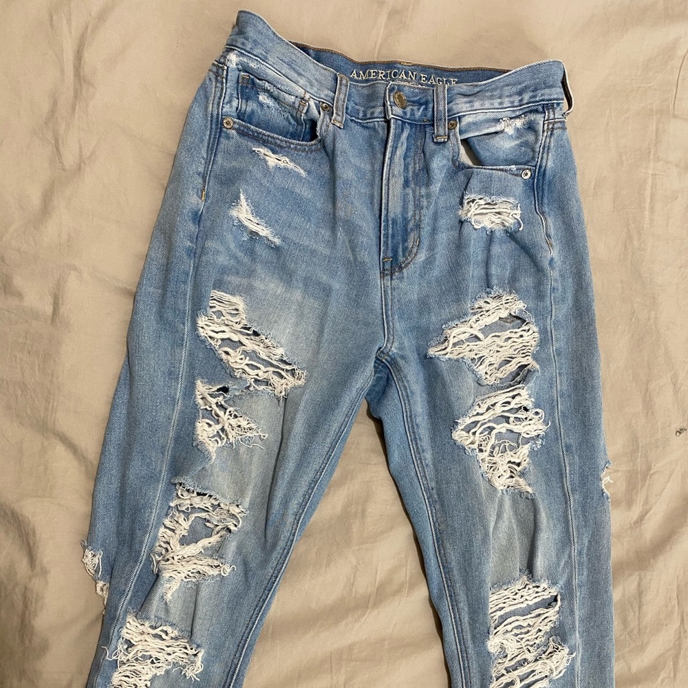 Distressed light wash mom jeans
